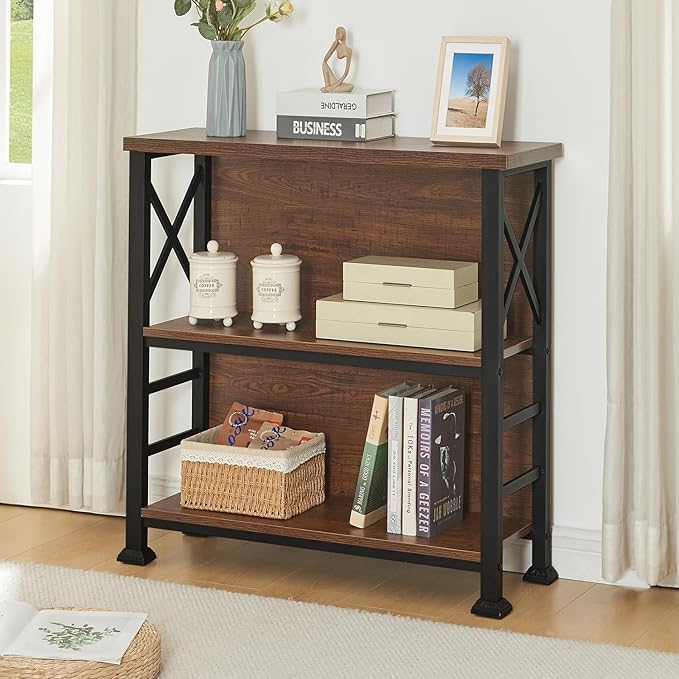 HOMBAZAAR Book Shelf,3 Tier Small Bookshelf with Metal Frame and Backboard,Small Shelf Bookcase for Living Room,Bedroom and Office,29.5 inch
