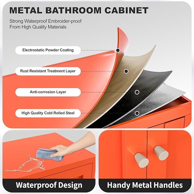 Orange Metal Sideboard Cabinet, Small Bathroom Storage Cabinets, Metal Storage Cabinet with 2 Doors and Adjustable Shelves for Kitchen Dining Room Living Room, Entryway,Office