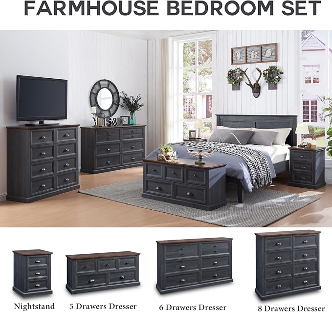 Farmhouse 5 Drawers Dresser for Bedroom, 45" Wide Chest of Drawers, 21" Tall Storage Closet Bench Storage Chest Storage Trunk, Wood Rustic Dresser for Closet, Living Room, Hallway, Dark Grey
