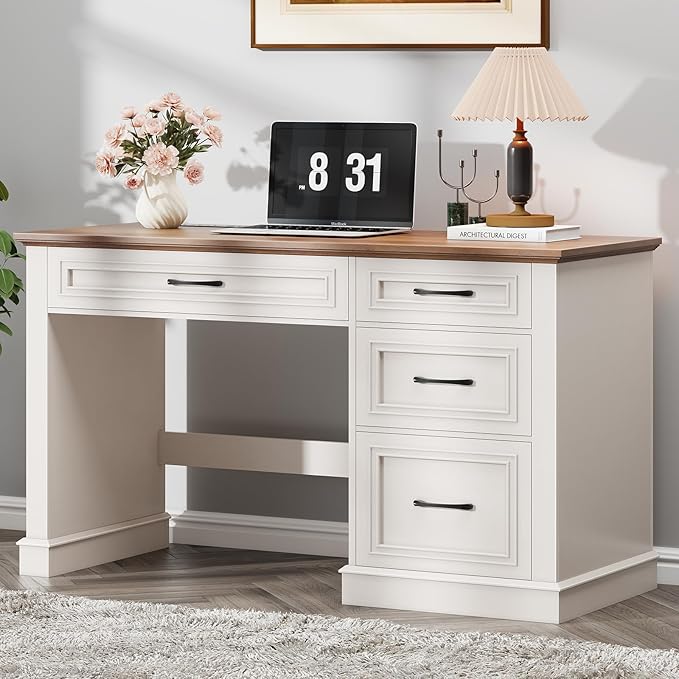 Farmhouse 47" Executive Desk, Computer Desk with Drawers and File Drawer, Workstation Computer Desk with Charging Station for Home Office,Study,(Unique White)