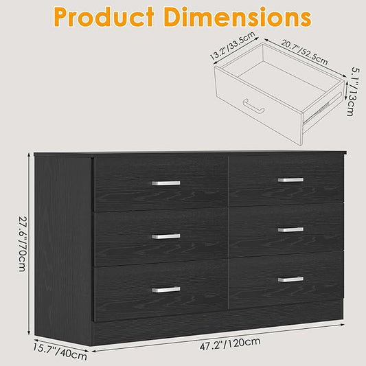 Bigbiglife Wood Dresser for Bedroom, 6 Drawer Double Dresser, Modern Chest of Drawers with Deep Drawers, Large Storage Organizer for Living Room, Closet (Black)