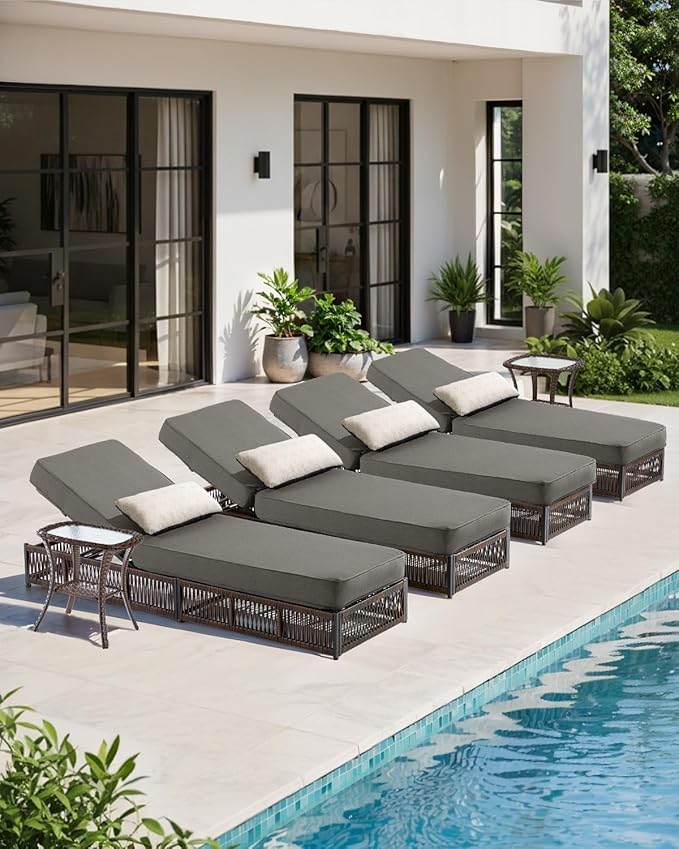 Luxury Outdoor Chaise Lounge with 5 Inch Thickened Cushions - 1 Set High Back Brown Wicker Patio Recliners Rattan Reclining Chairs Porch Poolside Pool Sunbathing Lounger - Grey