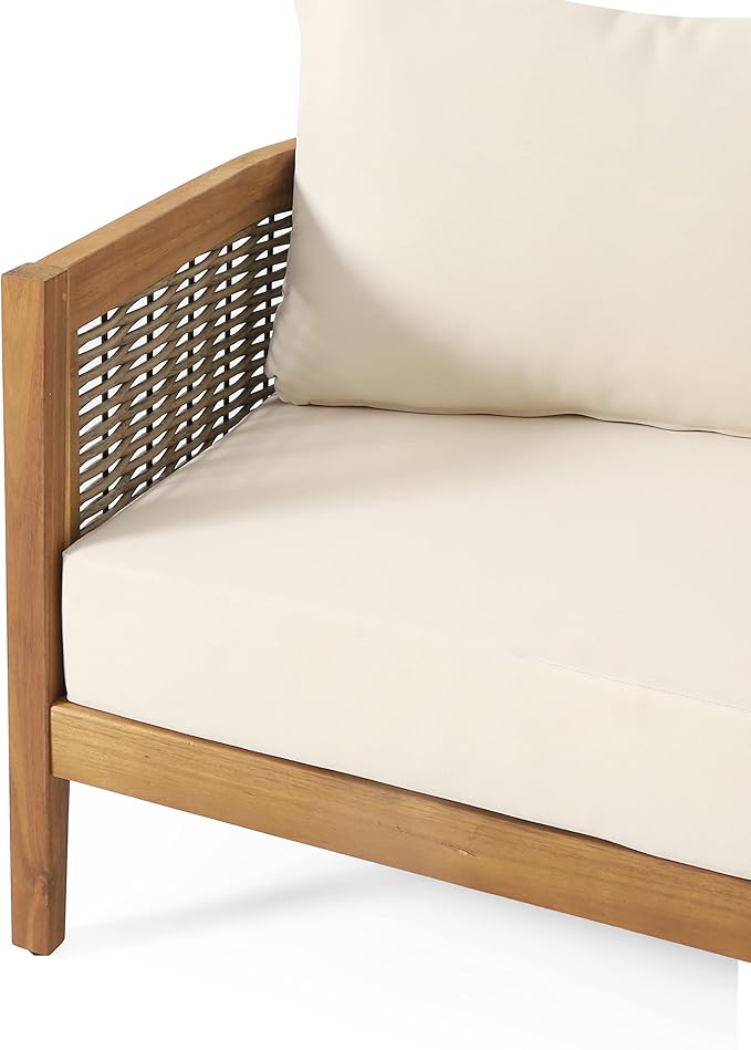 Christopher Knight Home Burchett Outdoor 3 Seater Sofa with Cushions - Acacia Wood and Round Wicker - Teak/Mixed Brown/Beige