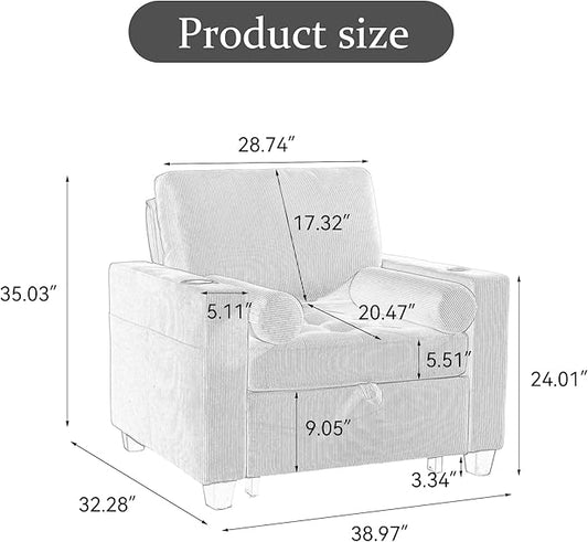 Convertible Sleeper Chair Bed, Comfy Corduroy Single Futon Sofa Chairs with Pull Out Bed, 3-Levels Adjustable Backrest Accent Chair with Side Pockets, Cup Holder & USB Ports for Living Room, Bedroom