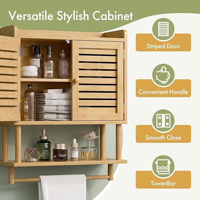 AmazerBath Bathroom Wall Cabinets, Large Bamboo Medicine Cabinets with Towel Bar, Hanging Over Toilet Storage Organizer Cabinet with Adjustable Shelves for Small Spaces, 8.3x21.3x26.6 Inches