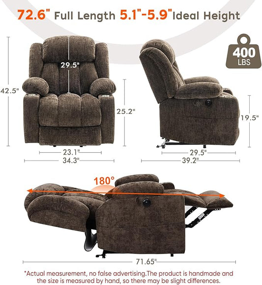 ABCASA Large Dual Motor Lay Flat Power Lift Recliners Chair for Elderly with Heat & Massage, Comfortable Chenille Recliner, USB-A & C, Cup Holder, Side Pocket, Brown