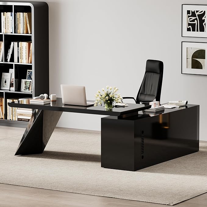 homary 70.9" Modern L-Shape Executive Desk Set, Home Office Desk with Home Office Executive Chair, Drawers & Cabinet Modern Computer Desk for Home Business Furniture, Black, Right Hand