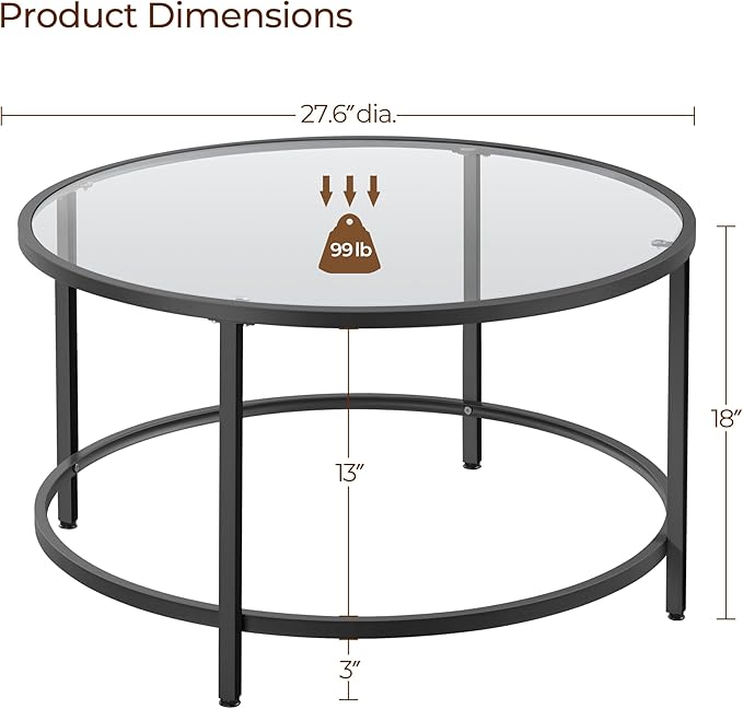 Yaheetech 27.6" Round Glass Coffee Table, Small Coffee Table for Living Room,Black Circle Coffee Tables Center Tables with Glass Top, Office & Apartment