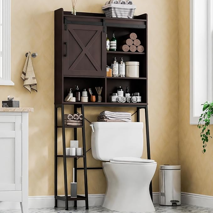 Over The Toilet Storage Cabinet, Farmhouse Storage Cabinet Over Toilet with Sliding Door & Toilet Paper Holder Stand,Home Space-Saving Toilet Rack, for Bathroom, Restroom, Laundry.Espresso