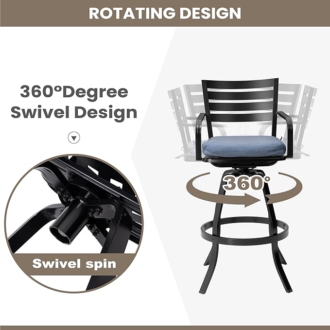 Pellebant 29.5" Outdoor Bar Stools Set of 2, Rust-Proof Aluminum Swivel Patio Chairs Bar Height with Back & Footrest, Tall Metal Barstools for Outside Deck Lawn Garden, Spectrum Denim