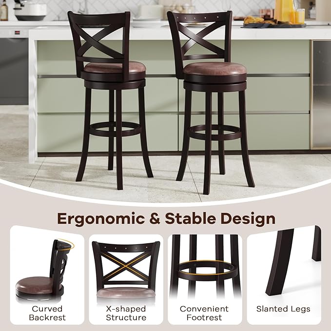 COSTWAY Bar Stools Set of 2, 30" Swivel Bar Height Bar Chairs with Copper Nails, Upholstered Seat, X-Shaped Backrest, Solid Rubber Wood Frame, for Kitchen Island Pub Bar