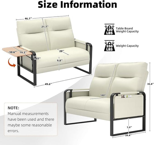 Faux Leather Loveseat, Upholstered Loveseat with Side Tray Table & Storage Pocket, Small Loveseat for Living Room, Modern 2 Seater Sofa Couch for Small Spaces, Bedroom, Beige
