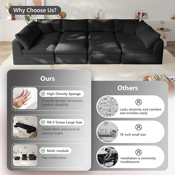 Boneless Cloud Couch Modular Sectional Sofa with Deep Seat for Living Room, L Shape Couch with Ottoman, Snowflake Cloth and 40D Memory Sponge,2 Throw Pillows (Black, 6 Seater+2 Ottoman)