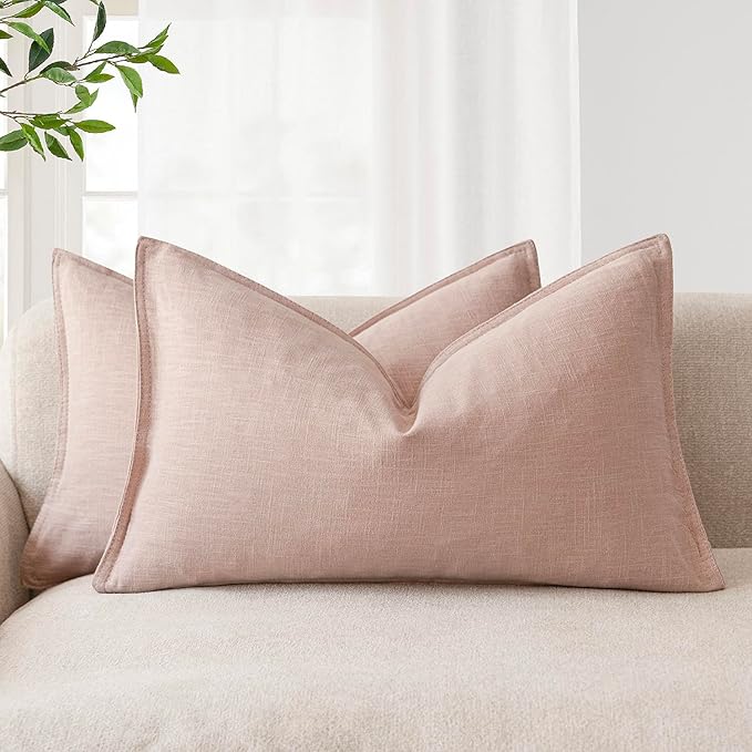 Foindtower Pack of 2, Decorative Linen Solid Throw Pillow Covers Soft Accent Lumbar Cushion Case Boho Farmhouse Pillowcase for Chair Couch Sofa Bedroom Living Room Home Decor 12 x 20 Inch Light Pink
