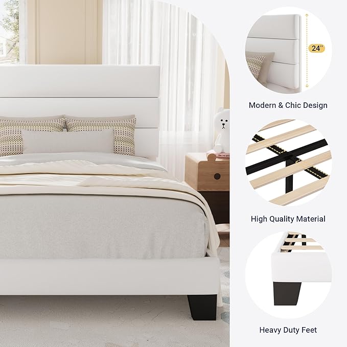 Allewie Twin Size Platform Bed Frame with Velvet Upholstered Headboard and Wooden Slats Support, Fully Upholstered Mattress Foundation/No Box Spring Needed/Easy Assembly, White
