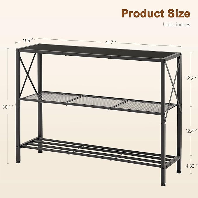 Hoctieon Industrial Console Table, 3 Tier Entryway Table, Hallway Table, Narrow Sofa Table with Shelves, Entrance Table for Entryway, Living Room, Foyer, Hallway, Office, Black