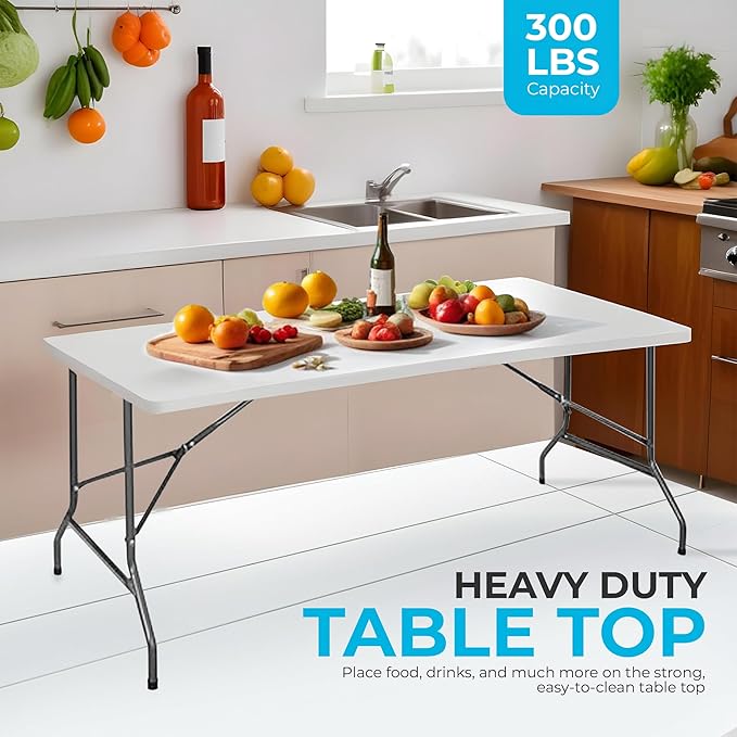 SIMPLI-MAGIC 4ft Plastic Folding Table, Indoor Outdoor Heavy Duty Portable/Handle, Lock for Picnic, Party, Camping - White