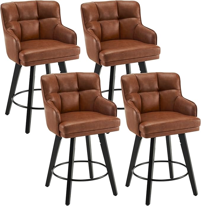 360°Swivel Counter Height Bar Stools with Back, 26 inch Solid Wood Legs, Bar Stool Modern Kitchen Island Chairs, Faux Leather (Brown- Faux Leather, 26" H- Set of 4)