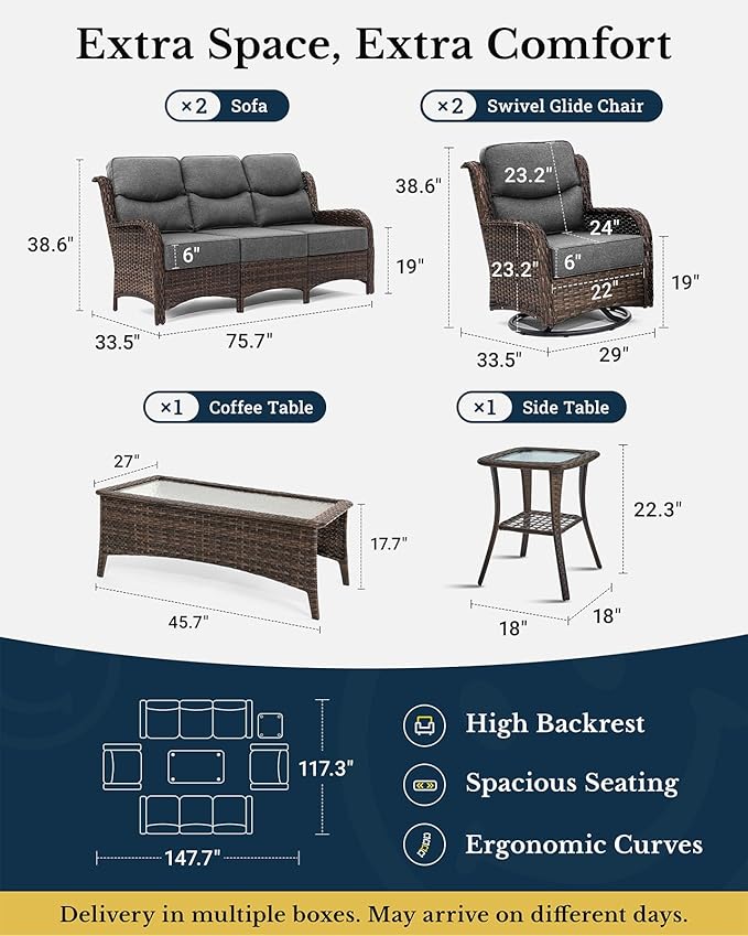 HILLGA Luxury Patio Furniture Set with 6-Inch Thick Cushions, High Back Outdoor Swivel Rocker Chairs and Patio Couch, 6-Piece All Weather Conversation Set for Porch Deck Pool Yard, Dark Grey (V3)