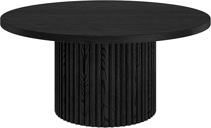 Henn&Hart 32" Fluted Round Wood Pedestal Low-Profile Coffee Table for Living Room, Family Room, Office, or Apartment, Black Grain