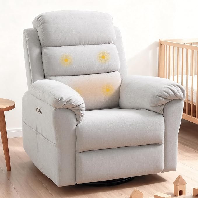 FLEXISPOT XRC6-Pro Nursery Power Glider Recliner w/Adjustable Headrest, 270° Swivel Rocker Recliner for Nursery w/Massage & Heat, Water & Stain Resistant Ribbed Chenille, FSC Certified, Light Grey