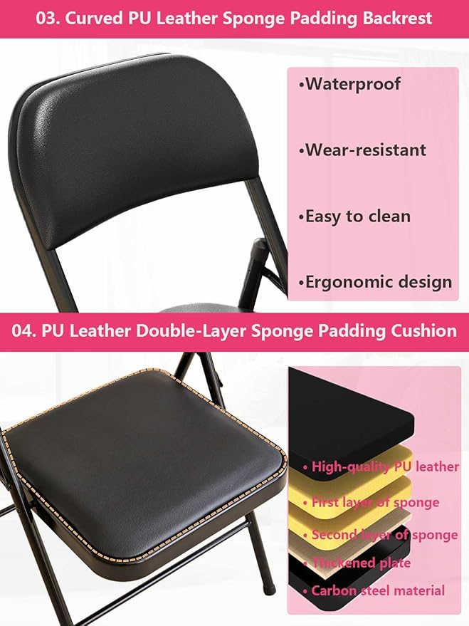 1 Pack Bulk Folding Chairs with Padded Cushion, Single Black Steel Metal Frame Foldable Chair for Indoor and Outdoor, Portable Stackable Commercial Seat for Bedroom Patio Party Event