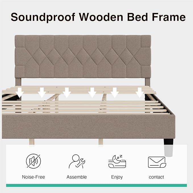 Novilla King Size Bed Frame, King Bed Frame and Headboard, Linen Upholstered Pull-Point Bed Frames, No Box Spring Needed, Heavy Duty Feet, Easy Assembly, Beige