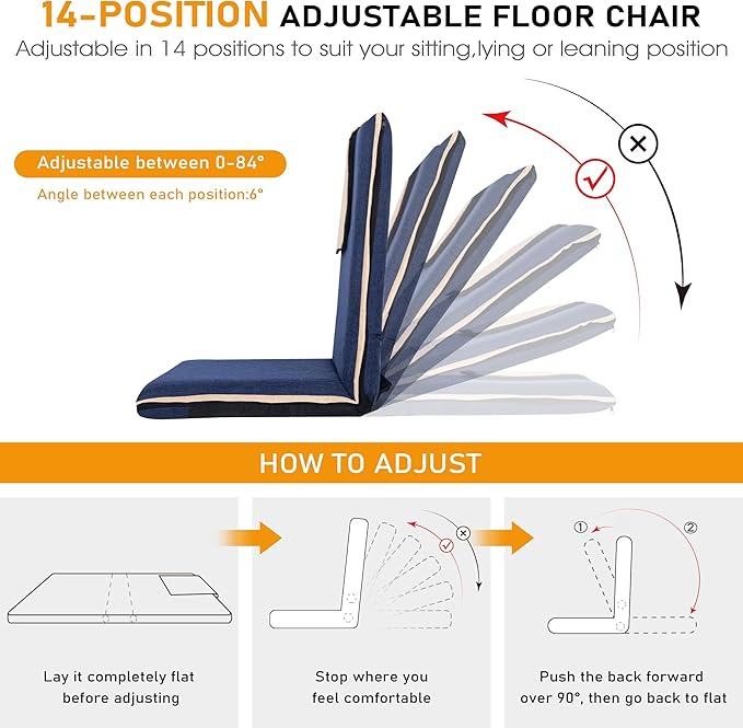 14-Position Adjustable Floor Chair with Back Support - Portable Gound Seating for Adults & Kids, Foldable Meditation Chair with Japanese KOYO Bearings & Washable Linen Cover (Blue)