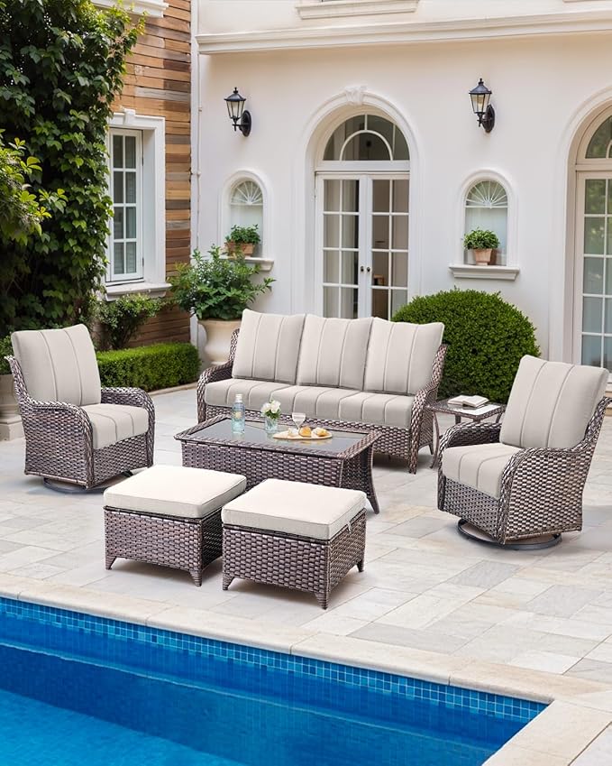 Luxury 24x24x6 Inch Kitty Outdoor Furniture Cushions Set of 6 - Comfortable Deep Seat Patio Chair Cushion for Wicker Dining Rocking Swivel Chairs Loveseat Couch Sectional Sofa - Beige