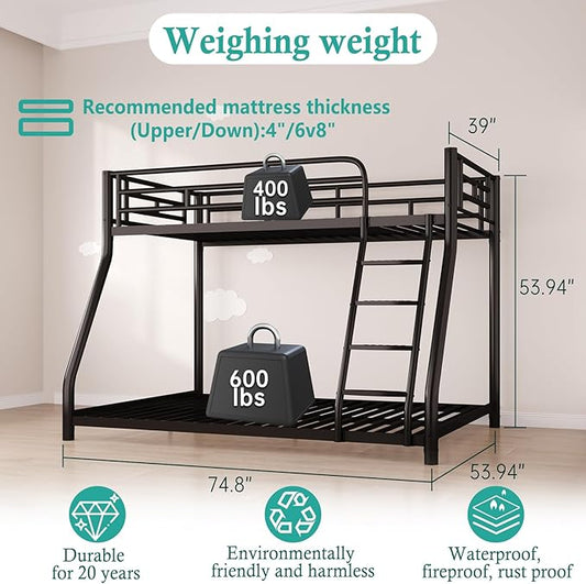 Metal Twin Over Full Bunk Bed,Bunk Beds Twin Over Full Size with Removable Wide Ladder and Full-Length Guardrail,Low Full BunkBeds Frame Heavy Duty steel Slat Support For Adults Kids and Young Teens