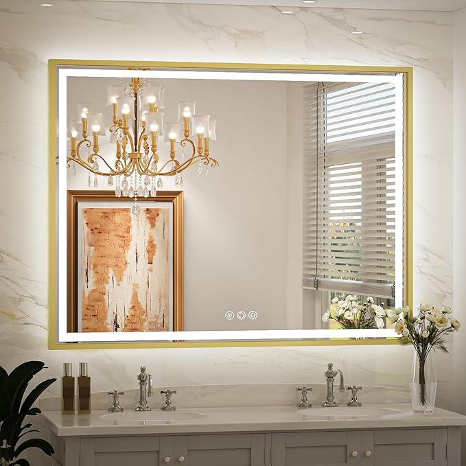 LED Bathroom Mirror, 40x30 Inch Frontlit & Backlit Gold Framed Lighted Mirror,Wall Mouted Vanity Mirror with Lights,Double Lights Strips,Anti Fog Stepless 3 Colors Temperature & Dimmable