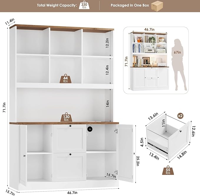 HIFIT 72'' Tall File Bookcase with Power Outlet & Printer Stand, 2 Drawer Filing Cabinets for Home Office Fit Hanging A4 File, Storage Cabinet w/ 3 Tier Open Book Shelf & Doors for Living Room, White