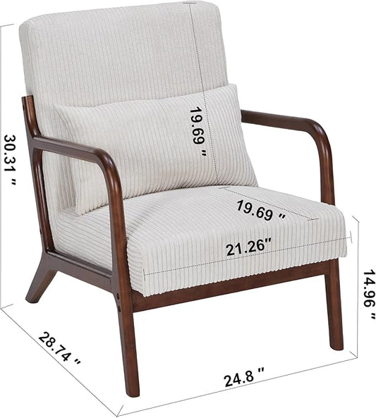 Accent Chairs, Mid-Century Modern Chair with Pillow, Armchair with Solid Wood, Reading Relaxing Leisure Chair for Living Room(Beige/Walnut)
