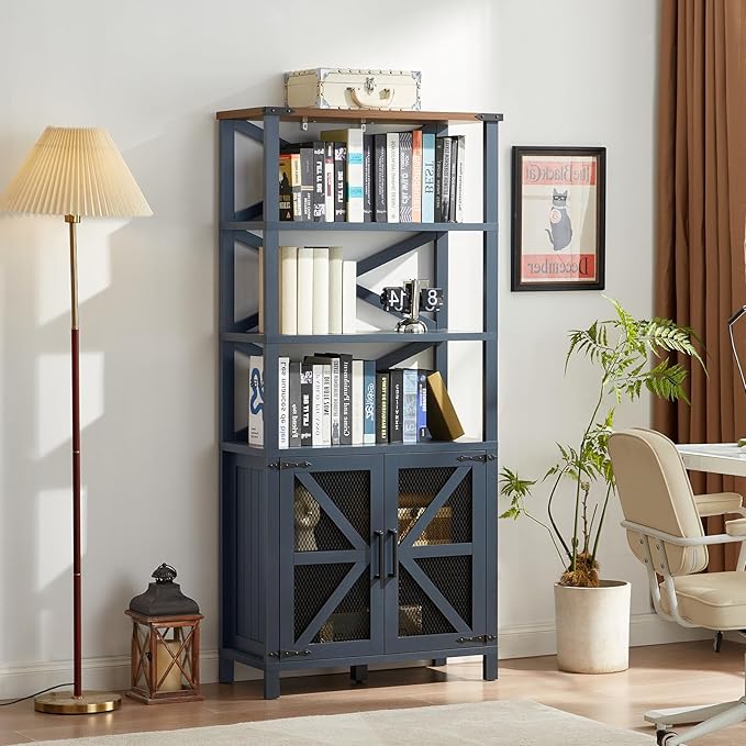 5 Tier Bookshelf 70" Tall Bookcase with Barn Doors,Large Farmhouse Display Book Shelf with Adjustable Shelves and Storage Cabinet,Library Wood Bookshelves for Living Room,Kitchen,Blue(3PCS)