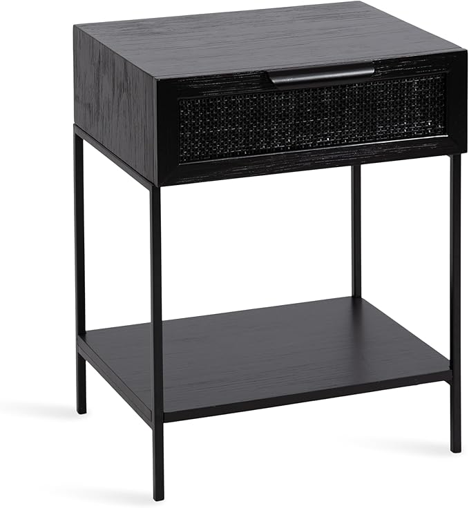 Kate and Laurel Ori Modern Cane Rectangle Side Table, 18 x 15 x 24, Black, Versatile Rattan Living Room End Table with Drawer for Storage and Home Decor