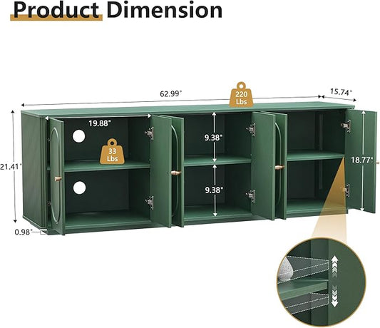 63'' Fluted Sideboard Buffet Cabinet with Storage and 6 Doors, Low Storage Cabinet Modern Wooden Accent Credenza Console Table for Kitchen Dining Living Room Entryway, (63"W*15.75"D*21.4"H) Green