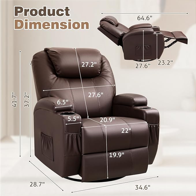 Recliner Chair, 360° Swivel Rocker Chair for Adults, Rocking Recliner Chair with Massage, Comfy Single Sofa with Side Pockets Cup Holders for Living Room, Bedroom, Nursery (Leather, Dark Brown)