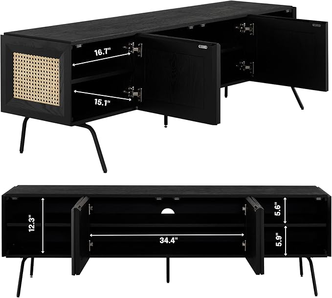 NTC Mossic TV Media Cabinet with 4 Doors for TVs, Entertainment Center with Natural Rattan, Metal Legs, Modern Storage Console for Living Room and Bedroom, Effortless Assembly, Burnt Black