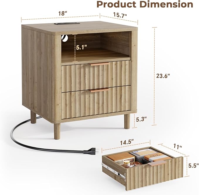 Fluted Nightstand Set of 2, 2 Drawers Storage Bedside Table with Charging Station, Wood Modern Nightstand with Open Shelf, Curved Profile Design, End Table for Indoor Room Bedroom, Oak