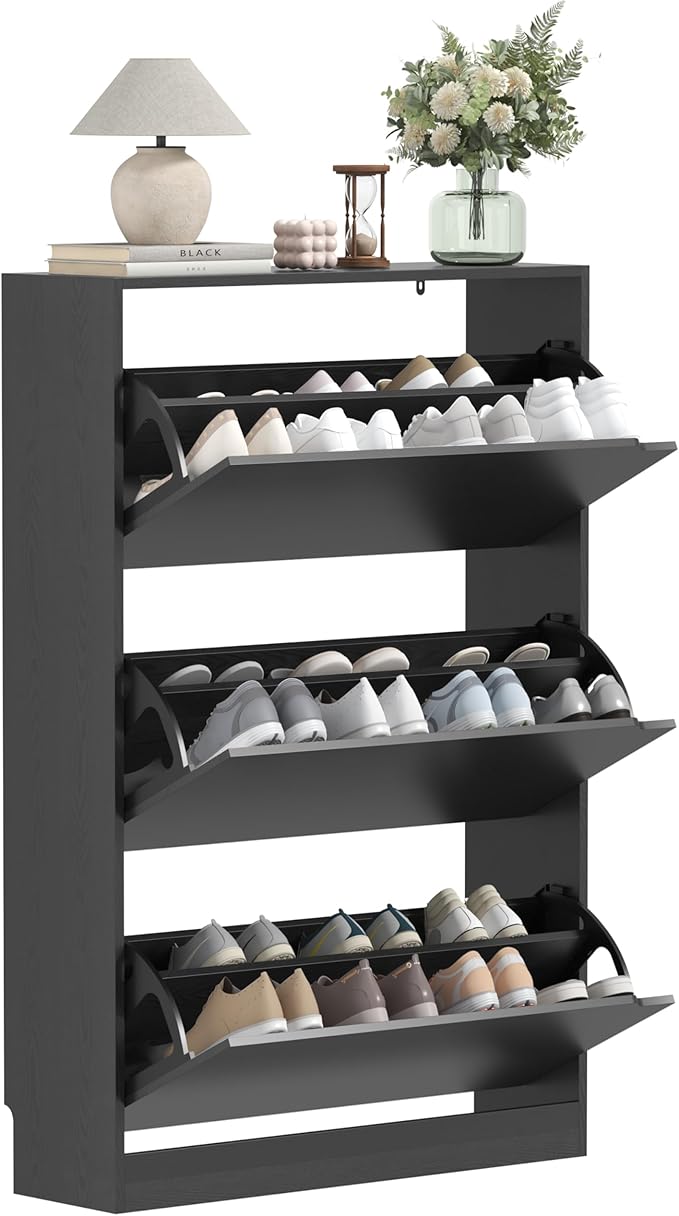 Shoe Storage Cabinet with 3 Flip Drawers, Slim Hidden Wood Shoe Cabinet Storage for Entryway, Freestanding Narrow Shoe Rack Organizer with Adjustable Shelves for Foyer, Hallway, Black