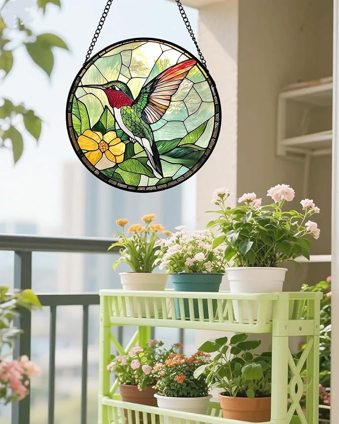 Stained Glass Window Hanging, Green Hummingbird Sun Catcher for Door Home Decor, Birds Suncatcher Christmas Mother's Day Birthday Gifts for Bird Lovers Women Men Mom and Nana 15 in