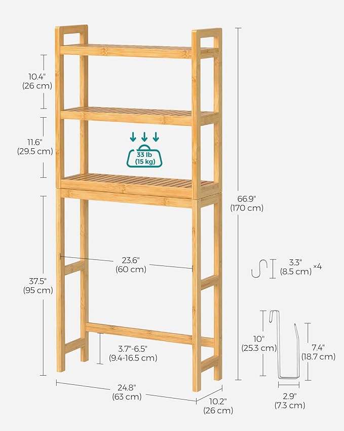 SONGMICS Over The Toilet Storage, 3-Tier Over Toilet Bathroom Organizer with Adjustable Shelf, 10.2 x 24.8 x 66.9 Inches, Space-Saving, Natural Beige UBTS001N01