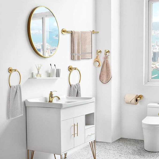 TQKAG Brushed Gold Bathroom Hardware Set 6-Piece Bathroom Accessory Set 23.6 Inch Round Stainless Steel Towel Bar Set Wall Mounted