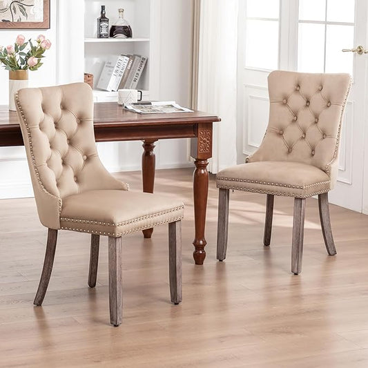 Velvet Dining Chairs Set of 4, Upholstered Dining Room Chairs with Nailhead Ring Pull Trim, Button Tufted Wing Back Chairs for Dining with Solid Wood Legs for Kitchen Dining Room(Khaki)