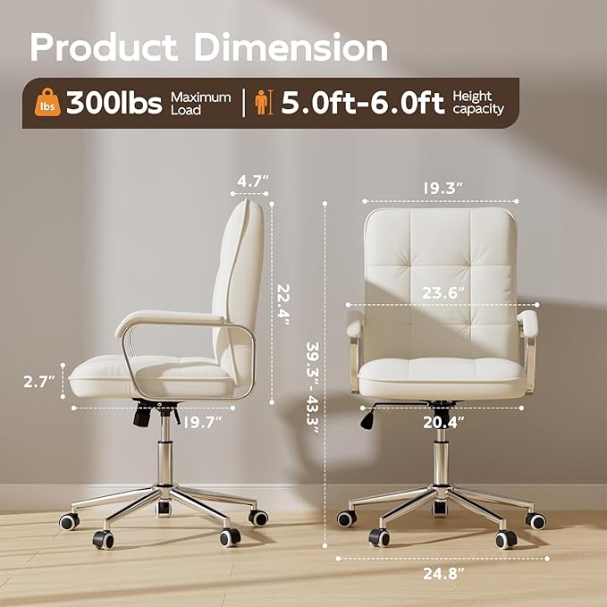 White Office Chair with Soft Leather, Swivel Computer Home Office Desk Chair with Wheels and Padded Arms, Adjustable Height and Tilt