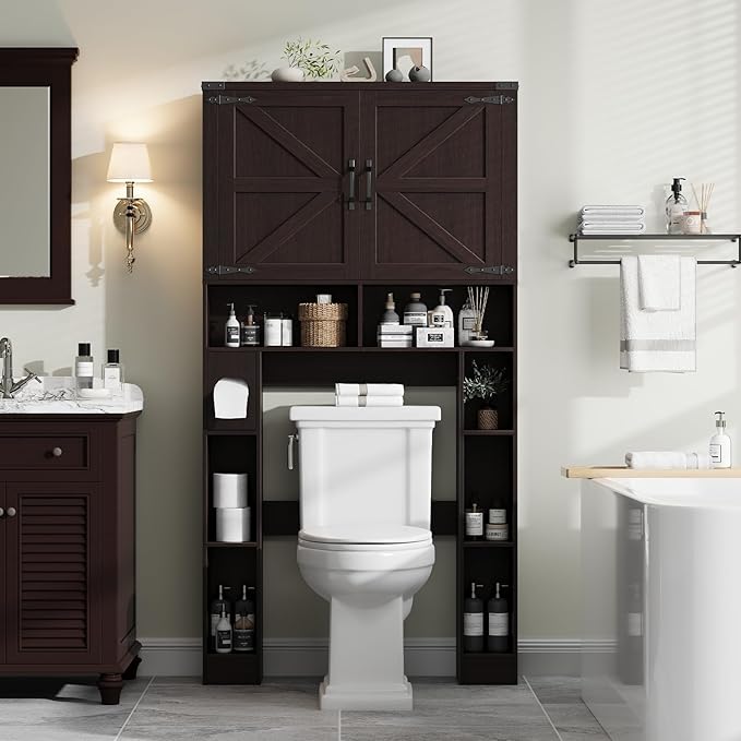 Vabches Over The Toilet Storage Cabinet, Farmhouse Storage Cabinet Over Toilet with 2 Barn Doors ,Toilet Paper Holder Stand,Home Space-Saving Toilet Rack, for Laundry, Restroom, Bathroom(Walnut)