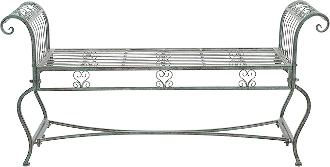 SAFAVIEH Outdoor Collection Brielle Victorian Scroll Antique Dark Green Wrought Iron Bench