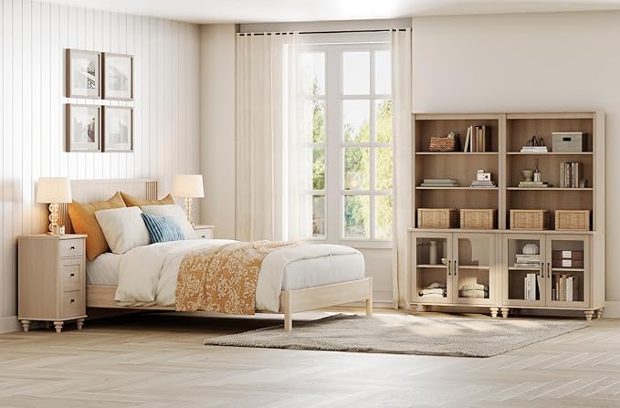 WAMPAT 5 Tier Bookshelf 72" Tall Bookcase with Glass Doors,Large Farmhouse Display Book Shelf with Adjustable Shelves and Storage Cabinet,Library Wood Bookshelves for Living Room,Kitchen, Light Oak