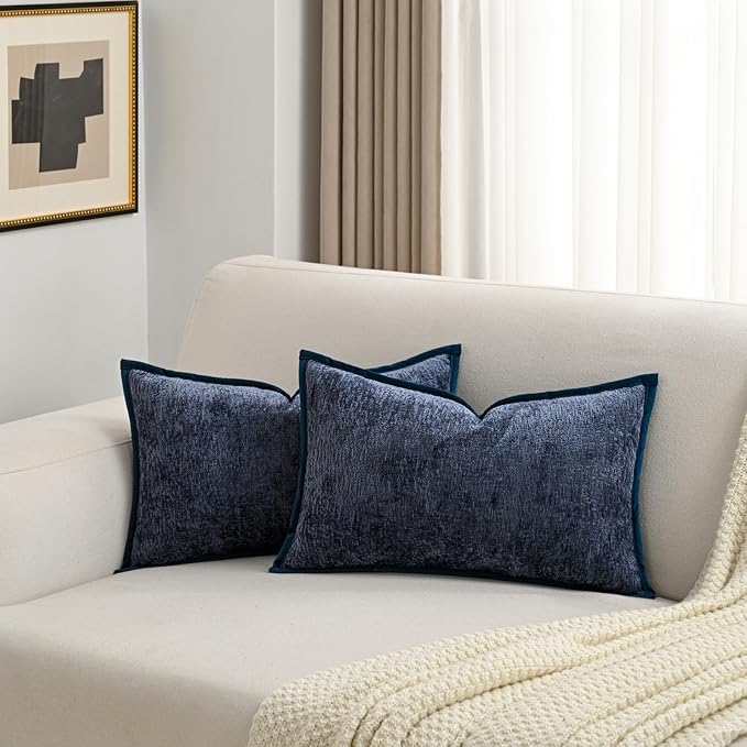 FUTEI Navy Blue Chenille Throw Pillow Covers 12x20 Inch Set of 2,Soft Cozy Bound Edge Design Lumbar Pillow Cases,Home Decor for Couch Bed Living Room