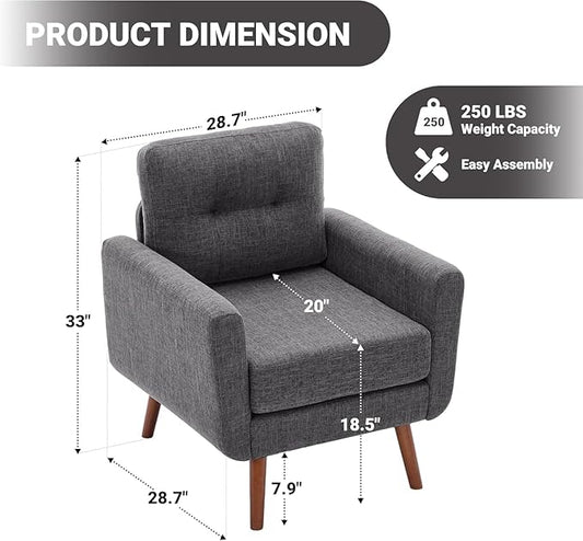 Tbfit Linen Fabric Accent Chairs Set of 2, Mid Century Modern Armchair for Living Room, Bedroom Button Tufted Upholstered Comfy Reading Accent Chair Sofa(Grey)